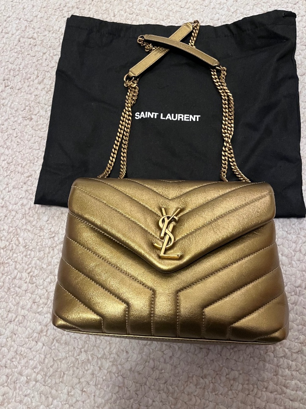 YSL gold/bronze metallic lambskin chevron loulou  V-flap medium bag.